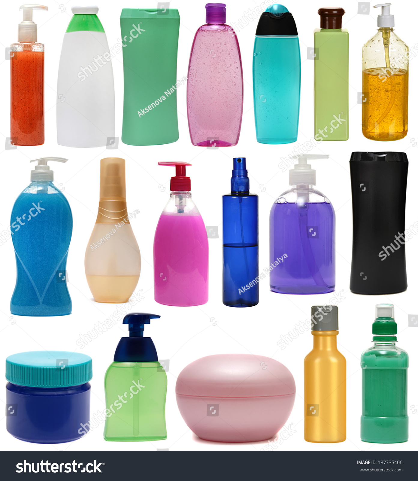 stock photo set colored plastic bottles with liquid soap and shower gel isolated on white background studio 187735406