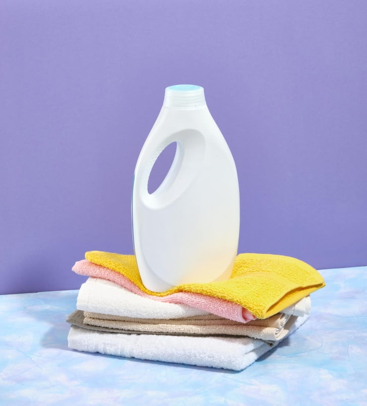beautiful white bottle liquid laundry detergent stack clean washed towels different colors table 594847 950 1 1