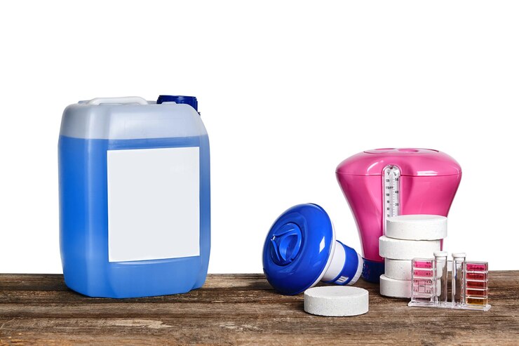 chemical cleaning products test tubes filters tools maintenance swimming pool wooden surface against white background closeup front view disinfectant detergent cleanser 157927 22557