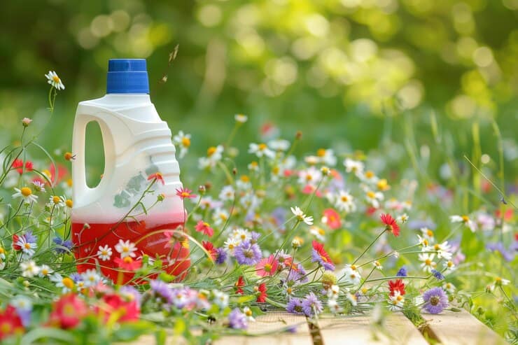 detergent bottle surrounded by wildflowers wooden table outdoors 124507 275992 1