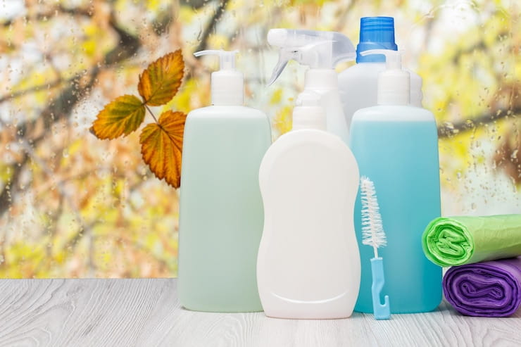 plastic bottles dishwashing liquid glass tile cleaner detergent microwave ovens stoves garbage bags front window with water drops autumn leaves 393202 9998 1