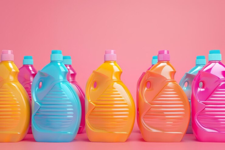 خرید عمده مایع لباسشویی مخصوص لباس نوزاد بدون مواد شیمیایی 3 row brightly colored plastic bottles with background 1375 53167