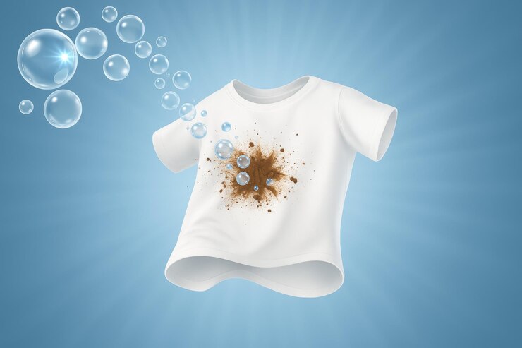 استعلام قیمت مایع لباسشویی لباس سفید با روشن کنندگی بالا 2 soap bubbles are removing dirt stain from white tshirt floating blue background representing concept washing clothes with laundry detergent 538159 28626 1