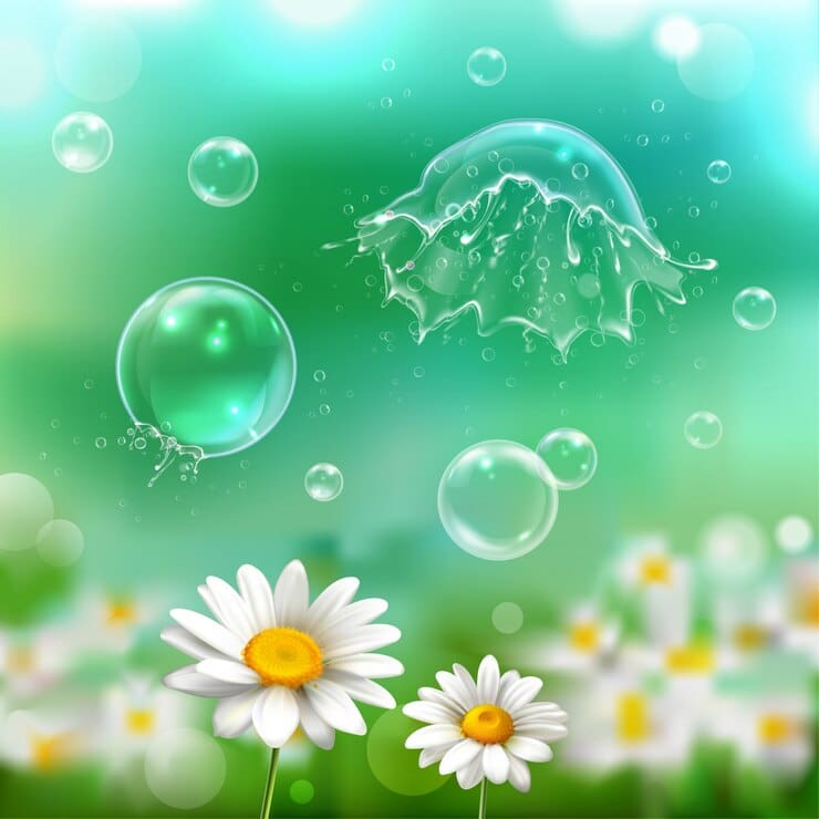 soap bubbles floating bursting popping exploding chamomile flowers realistic image with green blurry background illustration 1284 28672 1