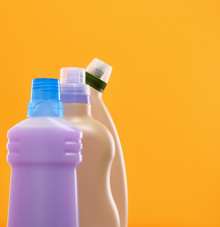 خرید مایع لباسشویی غلیظ مناسب صادرات 1 three bottles different colors shapes effective liquid cleaning products stand yellow background detergents house cleaning concept copy space text 594847 4425
