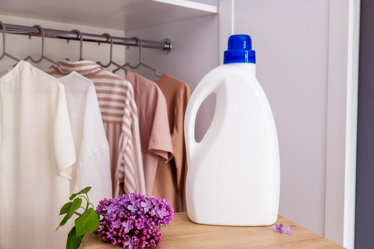 white detergent bottle mockup against background wardrobe with clothes 584999 789