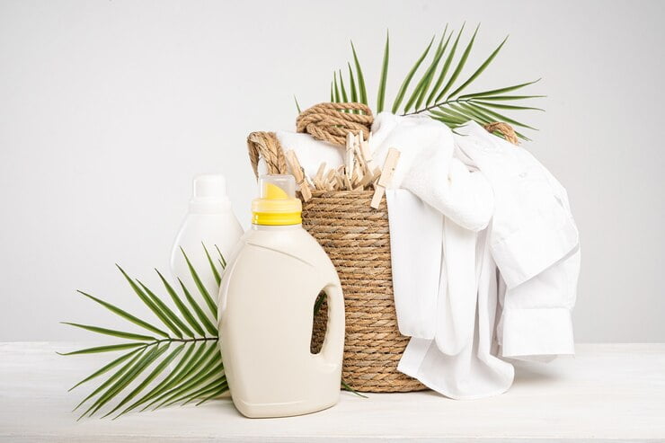 قیمت خرید مایع لباسشویی 4 لیتری با رایحه ماندگار 2 wicker basket with white linen clothespins clothesline washing gel fabric softener white table with palm branches mockup laundry day tropical hotel 226439 236 1
